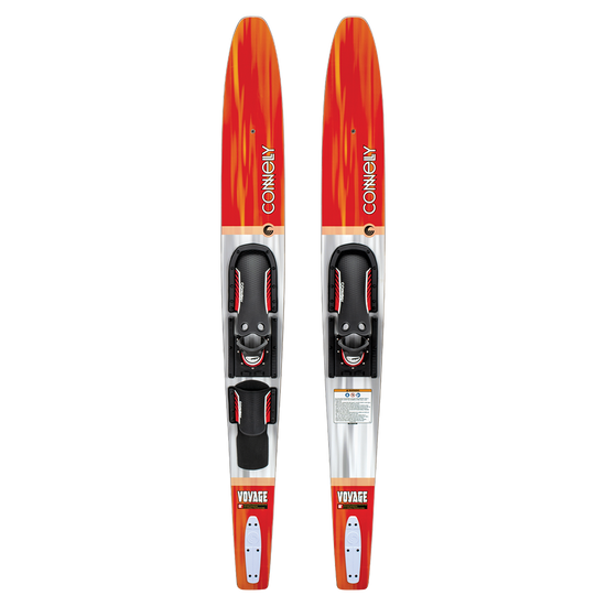 Top view of the Voyage, a pair of red and silver combo water skis featuring black adjustable bindings.