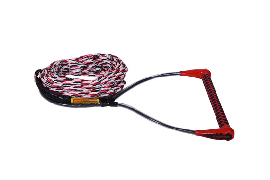 Side view of the WAKE, SKI, KNEE w/5-Sec Mainline, a black, red, and white braided rope with a red and black handle.