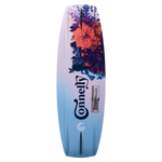 Base view of the Wild Child wakeboard, showing a matching floral design and logo in black on a pastel blue background.