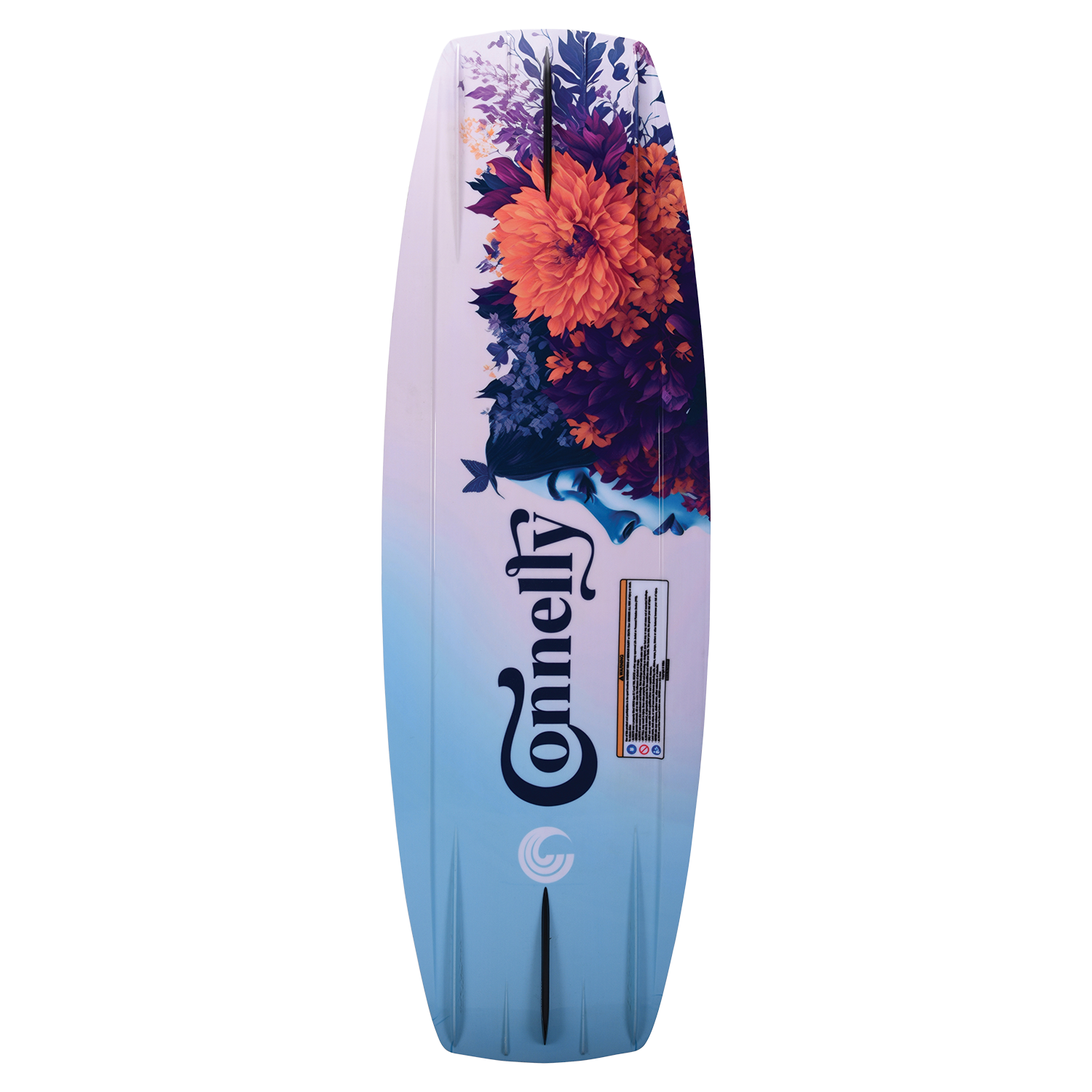 Base view of the Wild Child wakeboard, showing a matching floral design and logo in black on a pastel blue background.