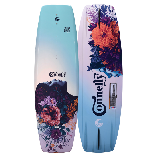 Top and base view of the Wild Child wakeboard, featuring a floral design with a gradient blue and purple background.