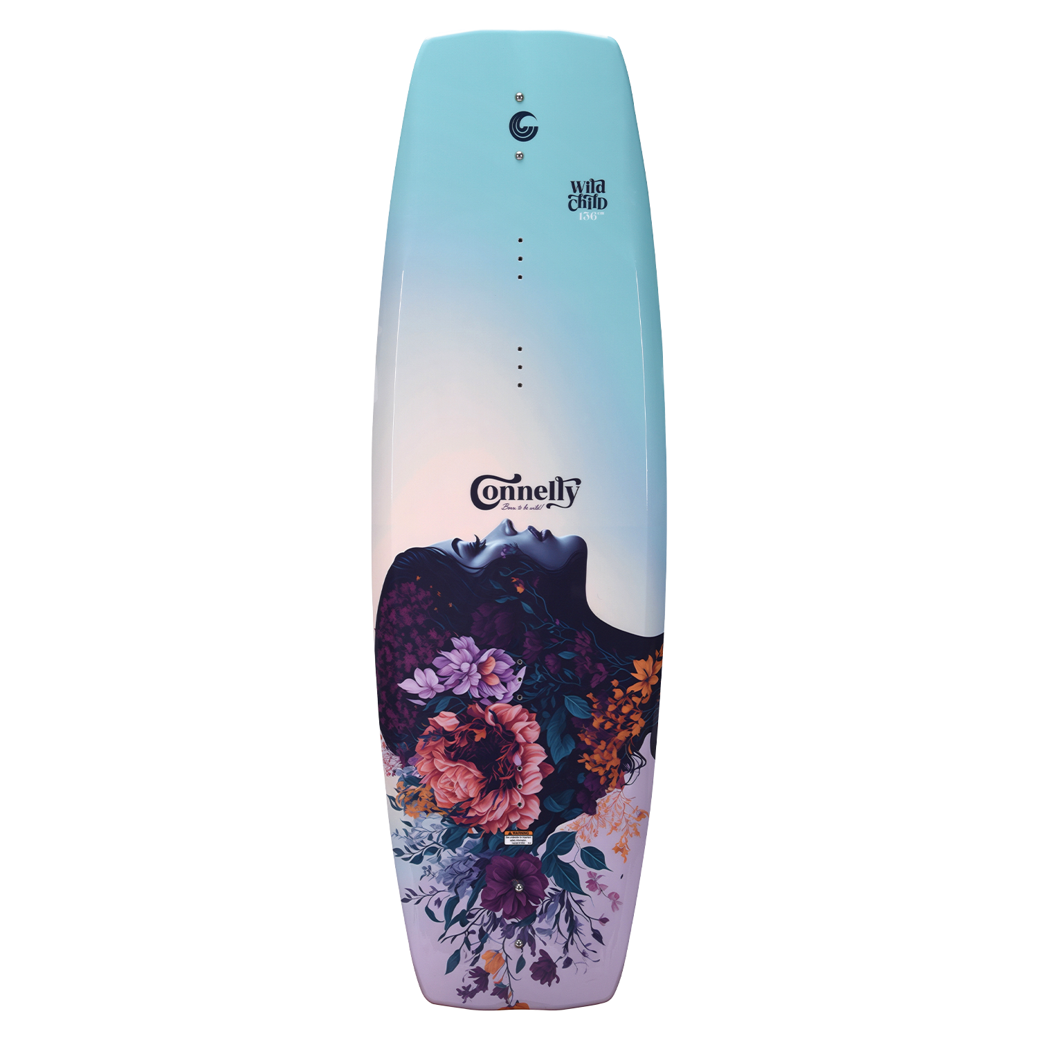 Top of the Wild Child wakeboard, featuring a pastel blue-to-purple gradient and a floral and face graphic near the bottom.