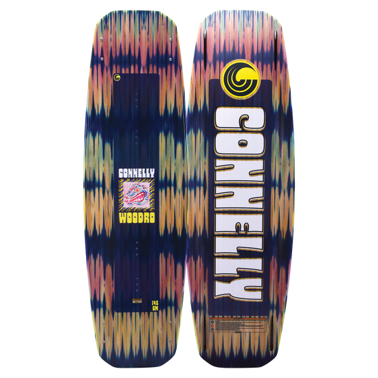 Top and base view of the Woodro wakeboard showing the blue gradient pattern, white branding, and graphic logo.