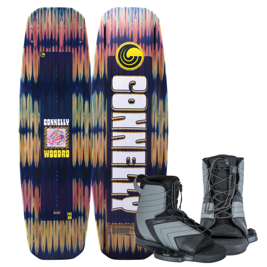 Front and back view of the Woodro wakeboard with Optima bindings, featuring a blue gradient pattern and white branding.