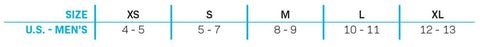 Size chart for the Pivot RTP, listing U.S. men’s sizes from XS (4-5) to XL (12-13).