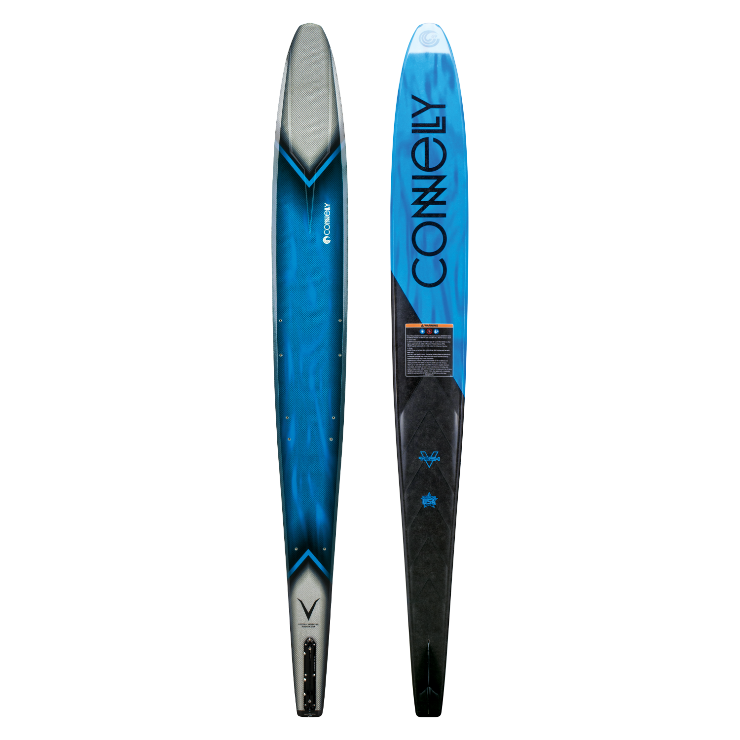 Top and base view of the 2024 V ski, featuring a blue gradient top and a bold black base with Connelly branding.