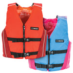 Front view of two Youth Fusion Nylon vests, one with red with orange accents and the other blue with pink accents.