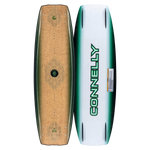 Bio wakeboard top and base views showcasing a natural wood grain finish with a green gradient and eco-friendly logo.