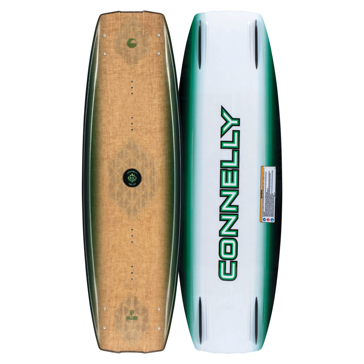 Bio wakeboard top and base views showcasing a natural wood grain finish with a green gradient and eco-friendly logo.