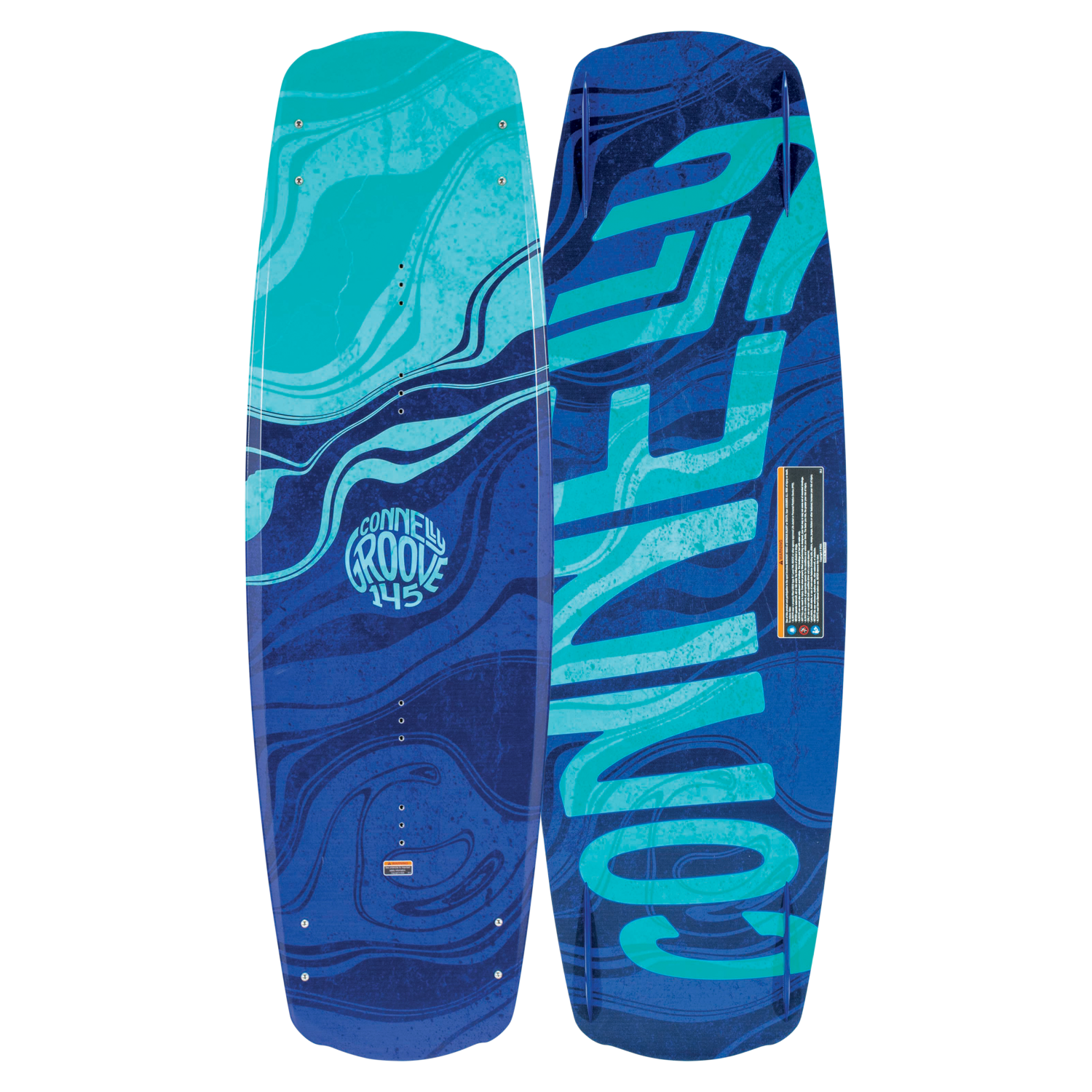 Side-by-side view of the 2024 Groove wakeboard, highlighting its unique marbled blue and teal aesthetic.