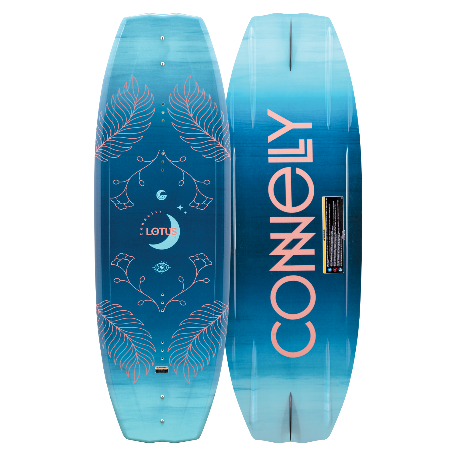 Front and back of the 2024 Connelly Lotus wakeboard featuring an ombre blue design and large Connelly logo.