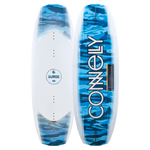 Top and base view of the Surge wakeboard, featuring a blue camo graphic on the base and a white top with blue accents.