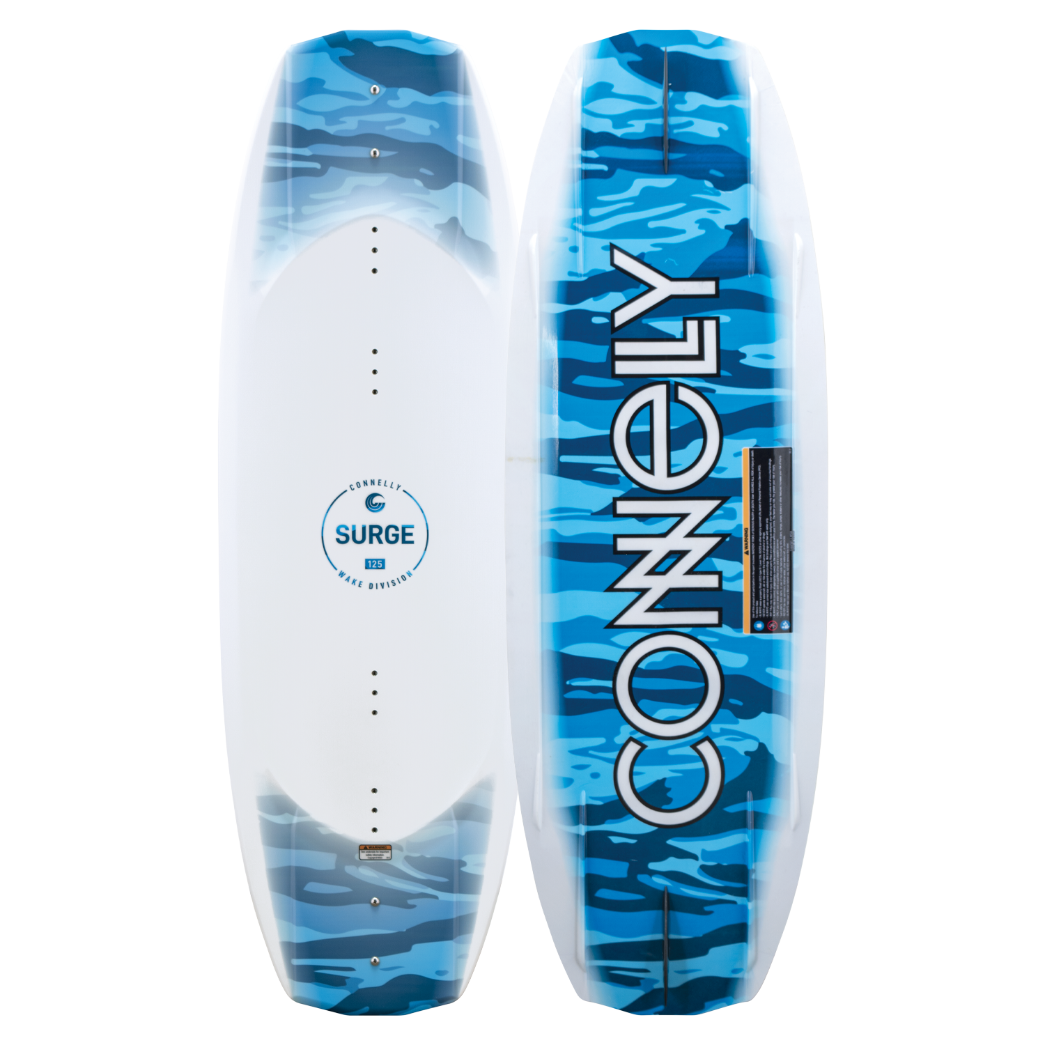 Top and base view of the Surge wakeboard, featuring a blue camo graphic on the base and a white top with blue accents.