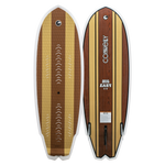 Top and base view of Big Easy wakesurfer with woodgrain, vertical stripes, traction pad, tri-fin setup, and a concave tail.