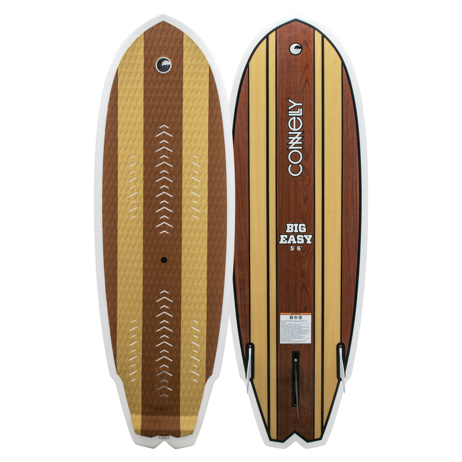 Top and base view of Big Easy wakesurfer with woodgrain, vertical stripes, traction pad, tri-fin setup, and a concave tail.