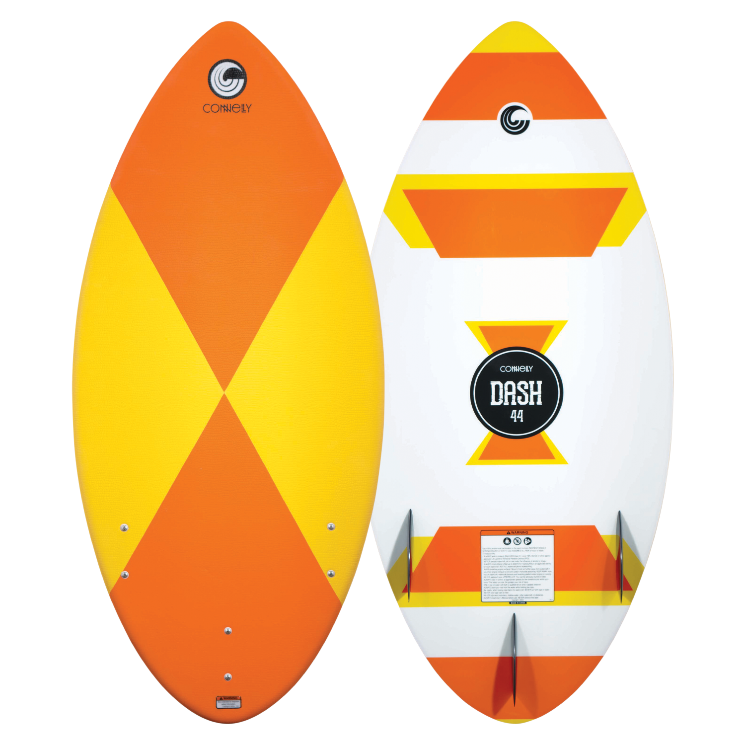 Side-by-side view of the 2024 Dash Kid’s Board, featuring bold orange, yellow, and white geometric patterns.