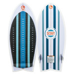 Top and base view of the Scout wakesurf board, featuring blue and white stripes with a diamond-patterned traction pad.