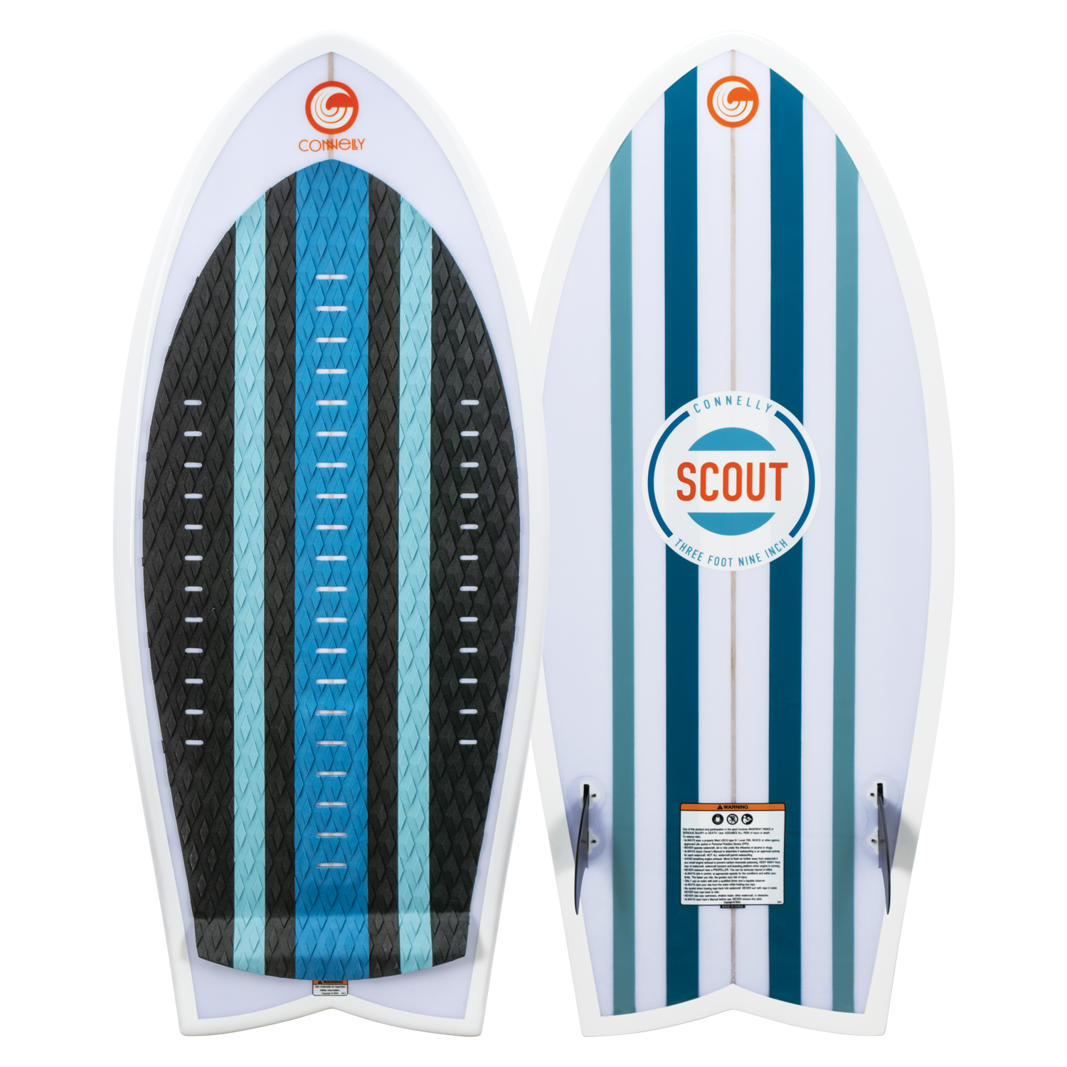 Top and base view of the Scout wakesurf board, featuring blue and white stripes with a diamond-patterned traction pad.