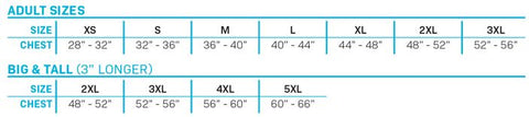 Men's Promo Neo life vest size chart displaying chest measurements from XS to 5XL, including big and tall options.