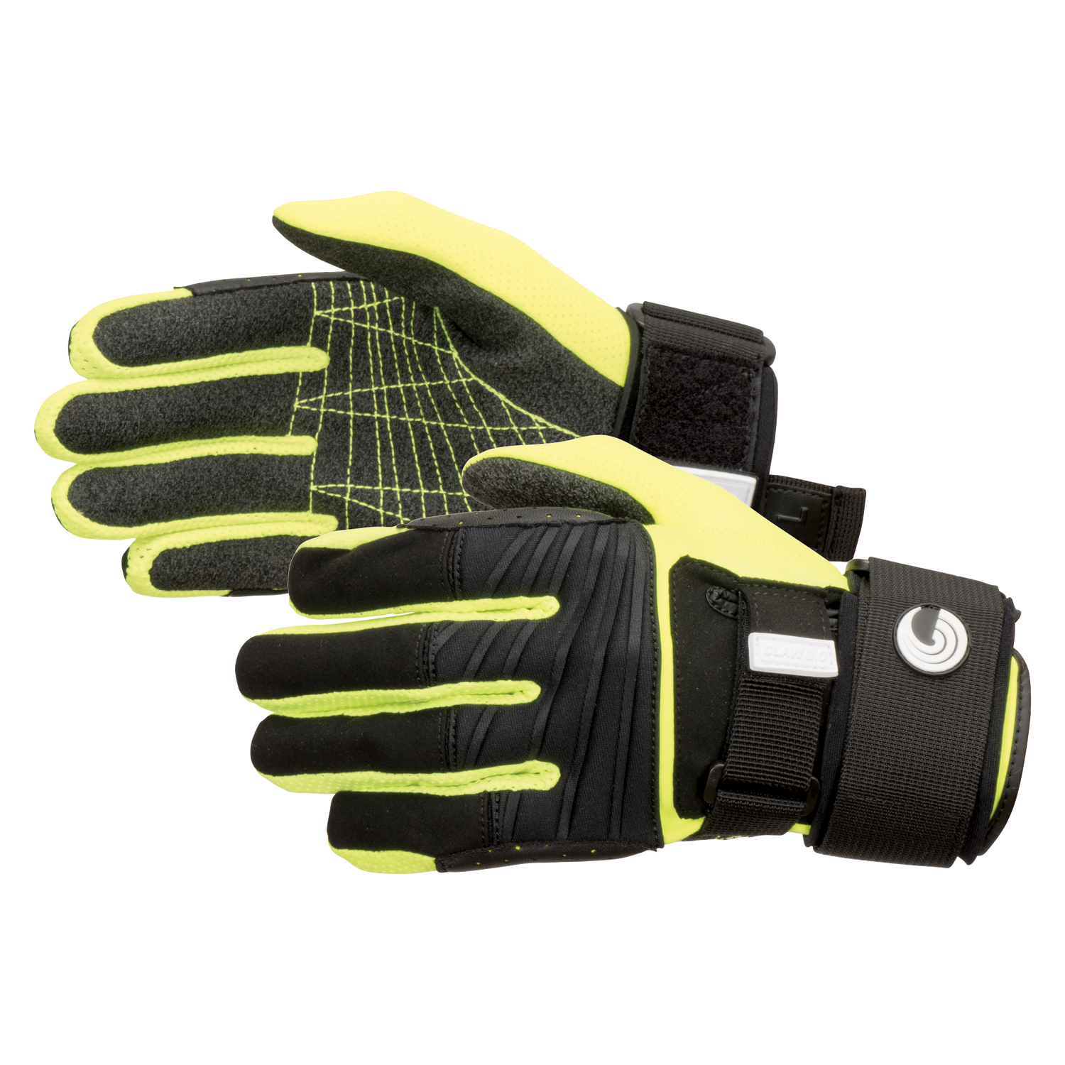 Pair of Men's Claw 3.0 Gloves in black and neon yellow, shown palm up and down, highlighting grip texture and wrist straps.