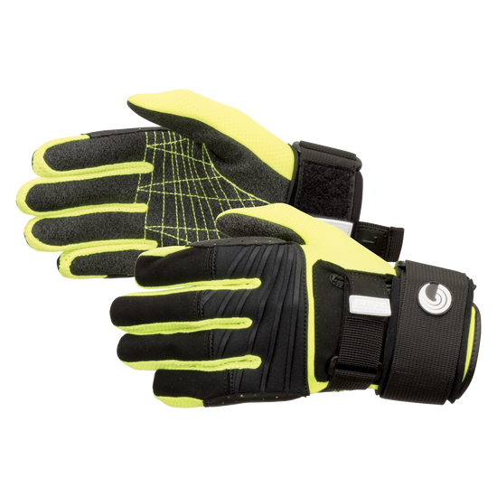 Pair of Men's Claw 3.0 Gloves in black and neon yellow, shown palm up and down, highlighting grip texture and wrist straps.