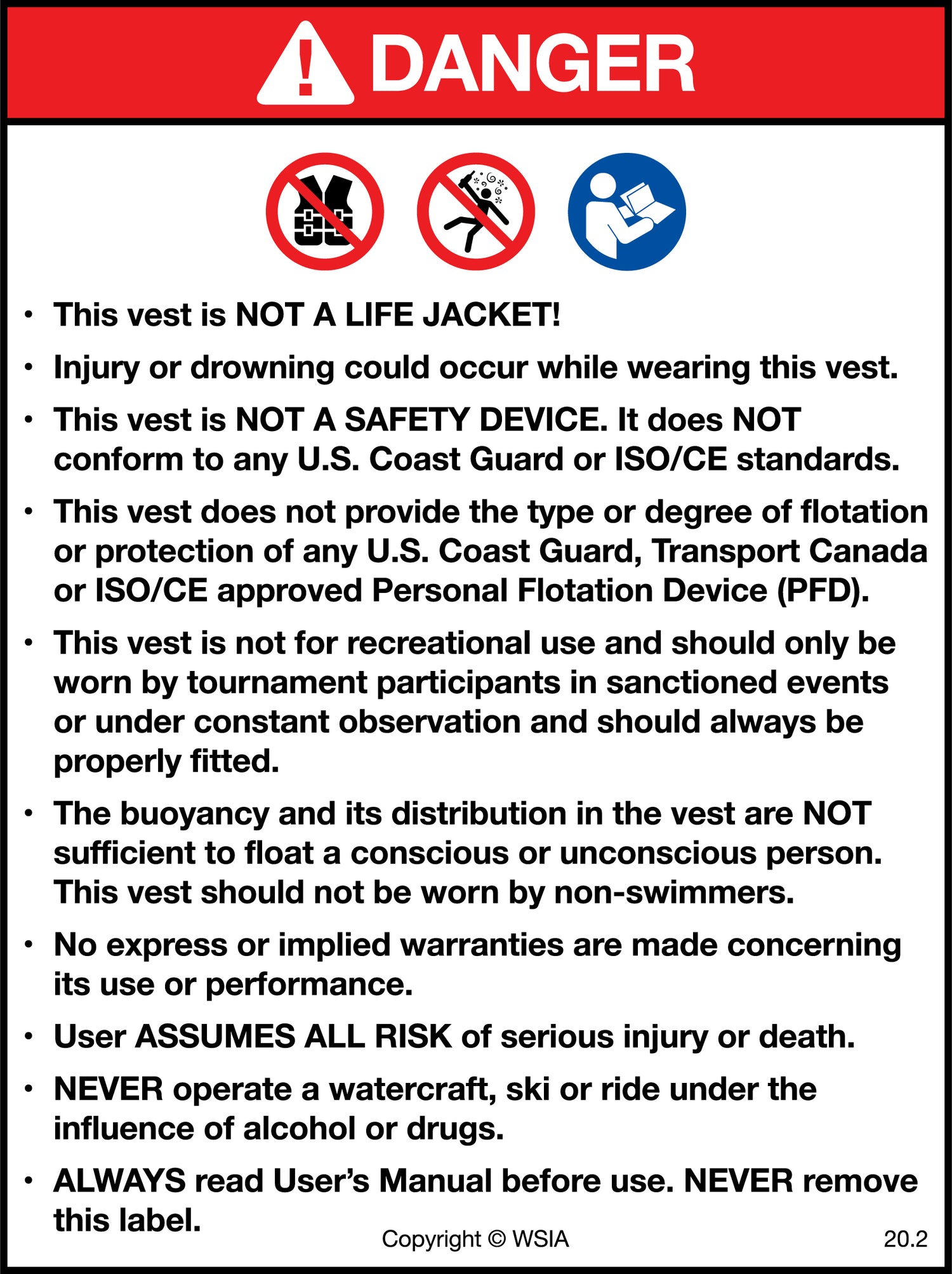 Warning label stating the vest is not a life jacket or safety device and does not meet USCG or ISO standards.