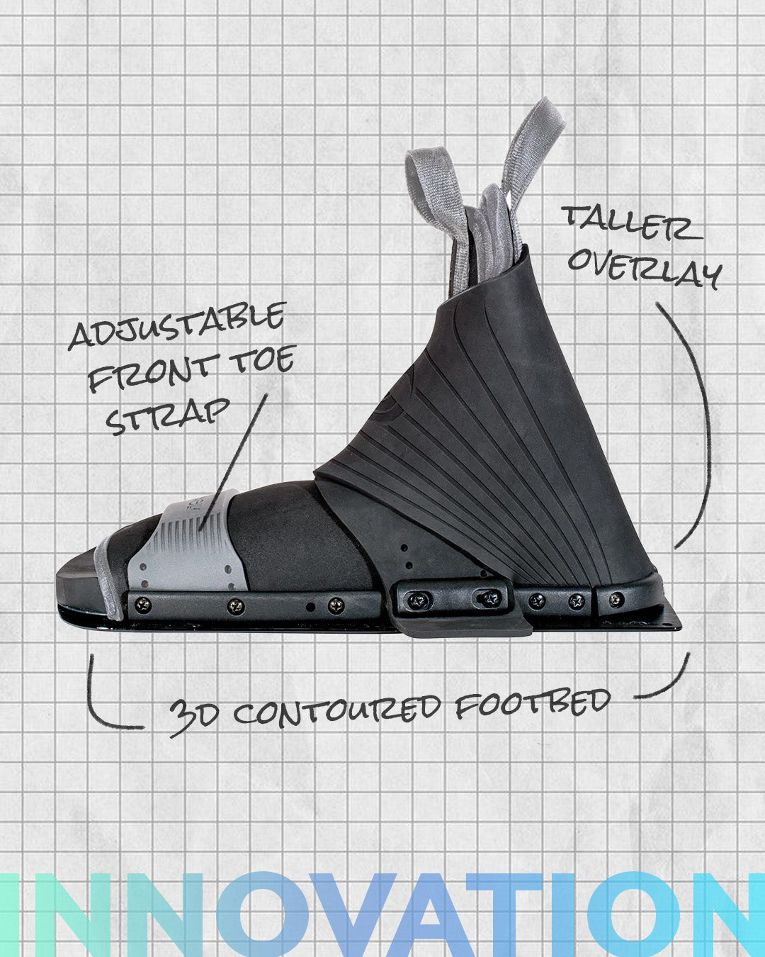 Labeled diagram of the Comp Front binding highlighting the adjustable front toe strap, contoured footbed, and tall overlay.