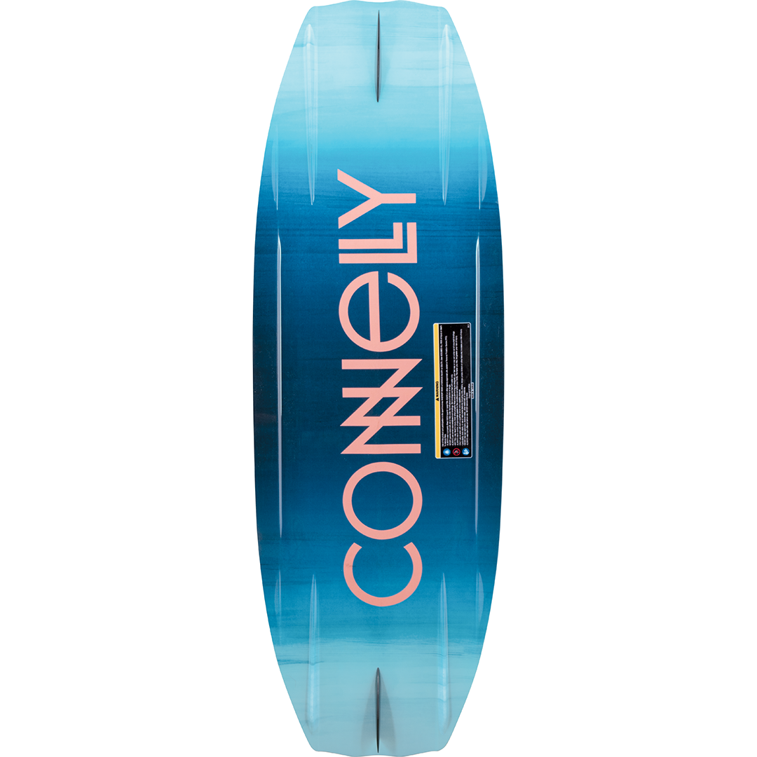 Bottom view of the Connelly Lotus wakeboard, showing a smooth blue gradient design with the Connelly logo in pink.