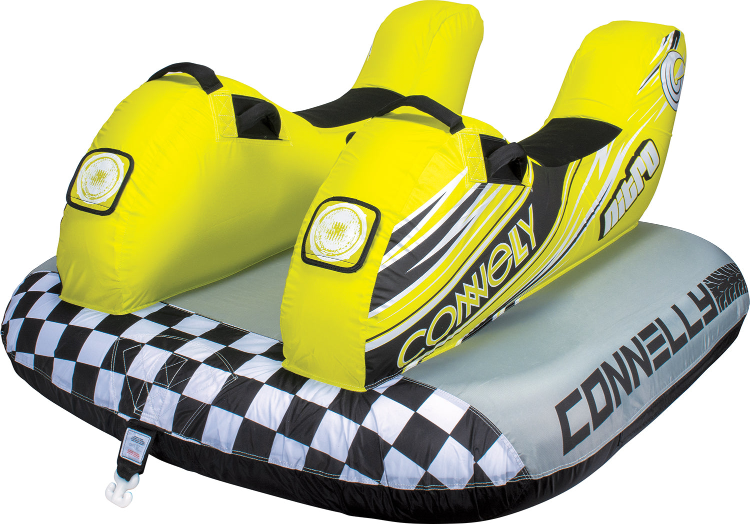 Angled view of the Nitro 2 towable tube with two yellow motorcycle-style seats on a gray and checkered racing base.