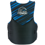 Back view of the Men's Promo Neo life vest in black and blue, featuring a large logo, stripe design, and full back coverage.