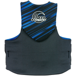 Back of the Men's Promo Neo Big & Tall life vest in black and blue, featuring a large logo, stripe design, and extended fit.