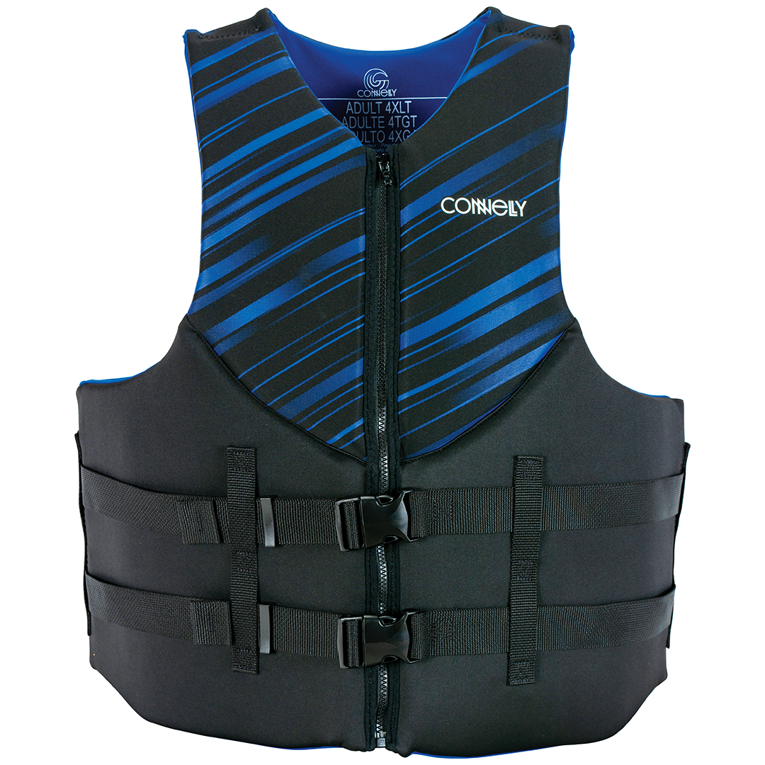 Front of the Men's Promo Neo Big & Tall life vest in black and blue with a zippered front, dual buckles, and stripe design.