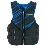 Front view of the Men's Promo Neo life vest in black and blue with a zippered front, dual buckles, and angled stripe design.