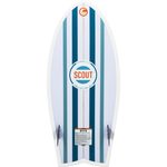 Base view of the Scout wakesurf board with blue and white stripes, a twin-fin setup, and the Scout logo.