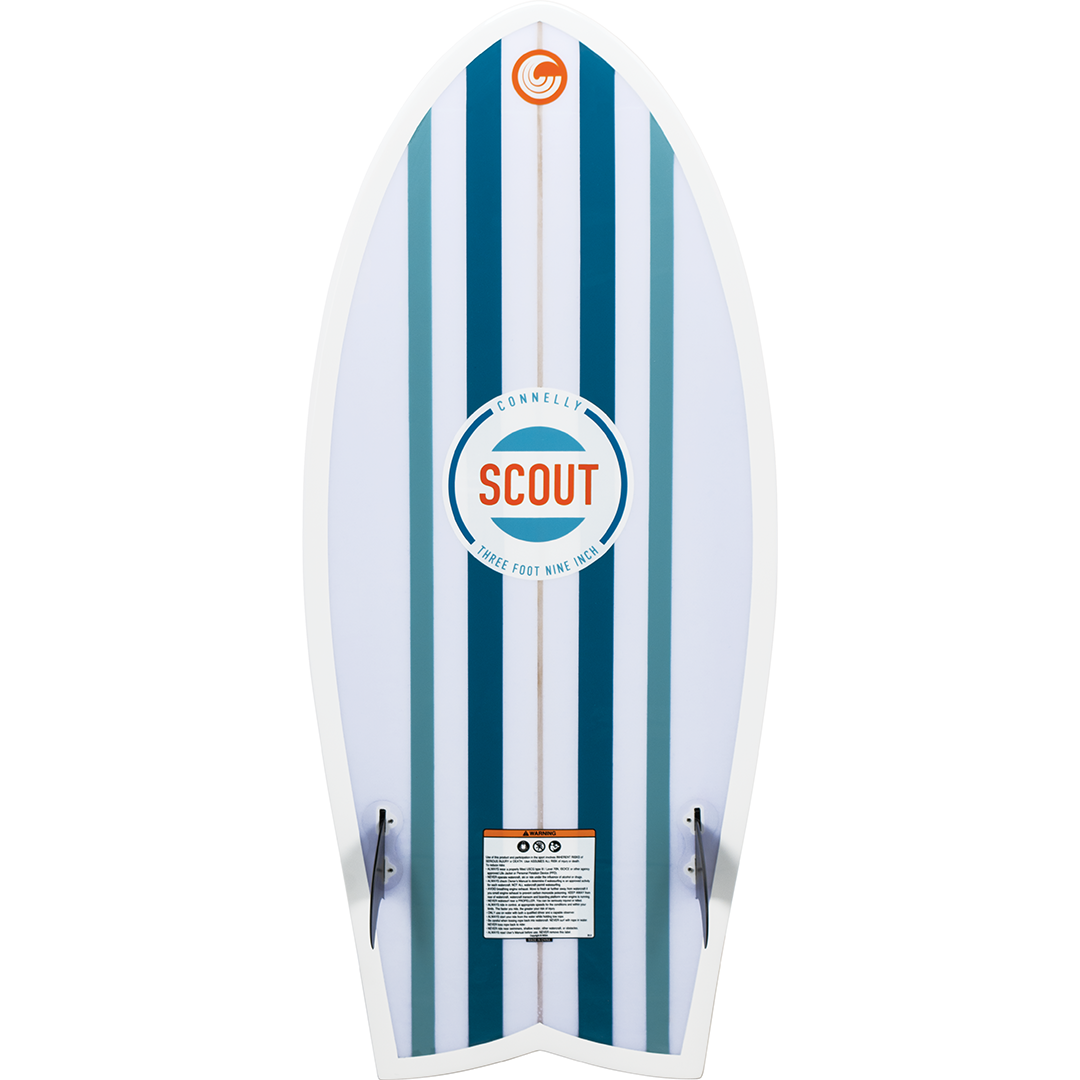 Base view of the Scout wakesurf board with blue and white stripes, a twin-fin setup, and the Scout logo.