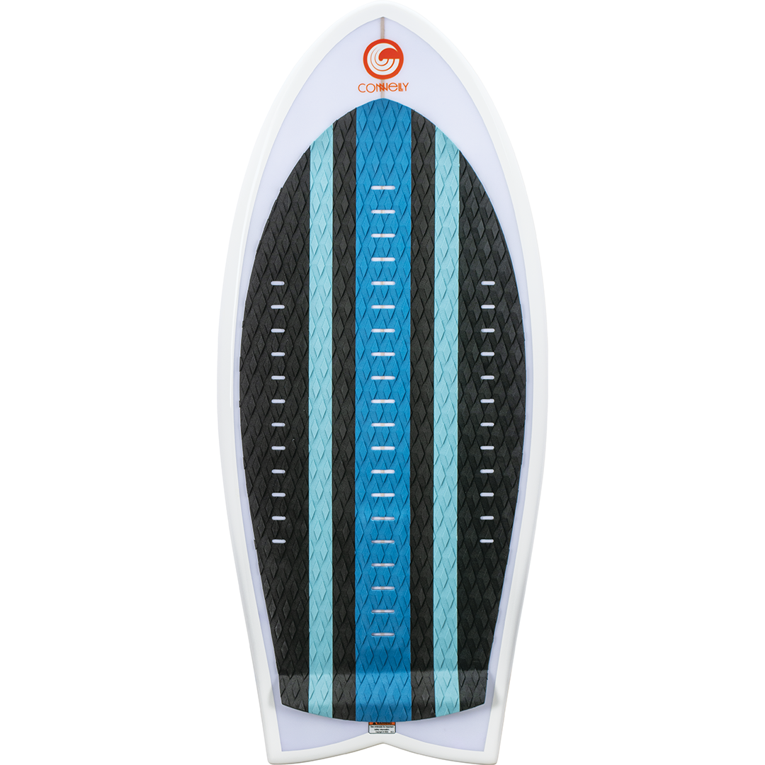 Full top view of the Scout wakesurf board, showing its blue and black striped traction pad with a raised rear kick pad.