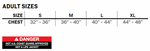 Adult size chart for the Sidewinder NCGA vest, showing chest measurements from 32” to 48” with a NCGA warning.