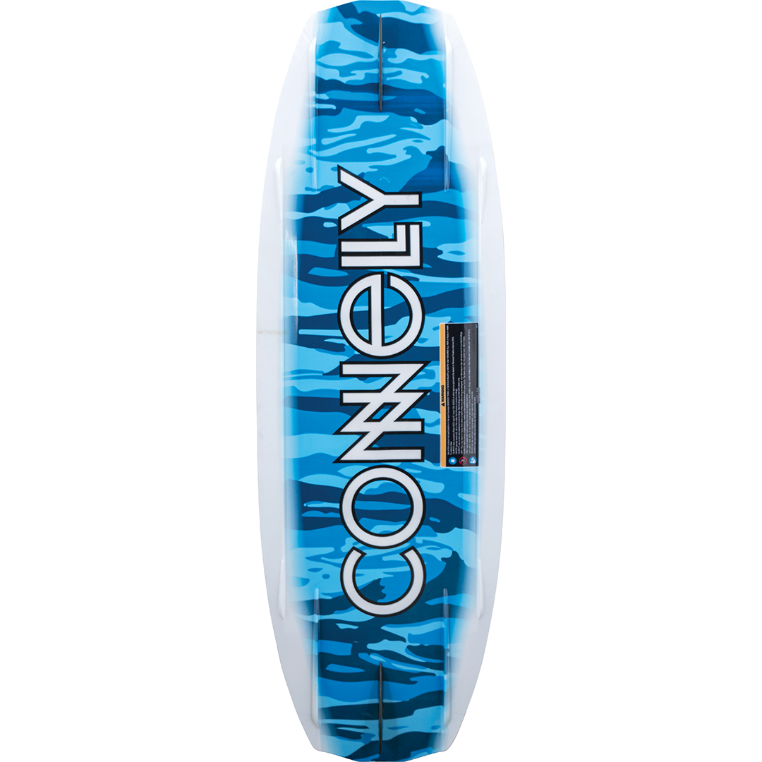 Base view of the Surge wakeboard with a bold blue camo design and large "Connelly" branding.