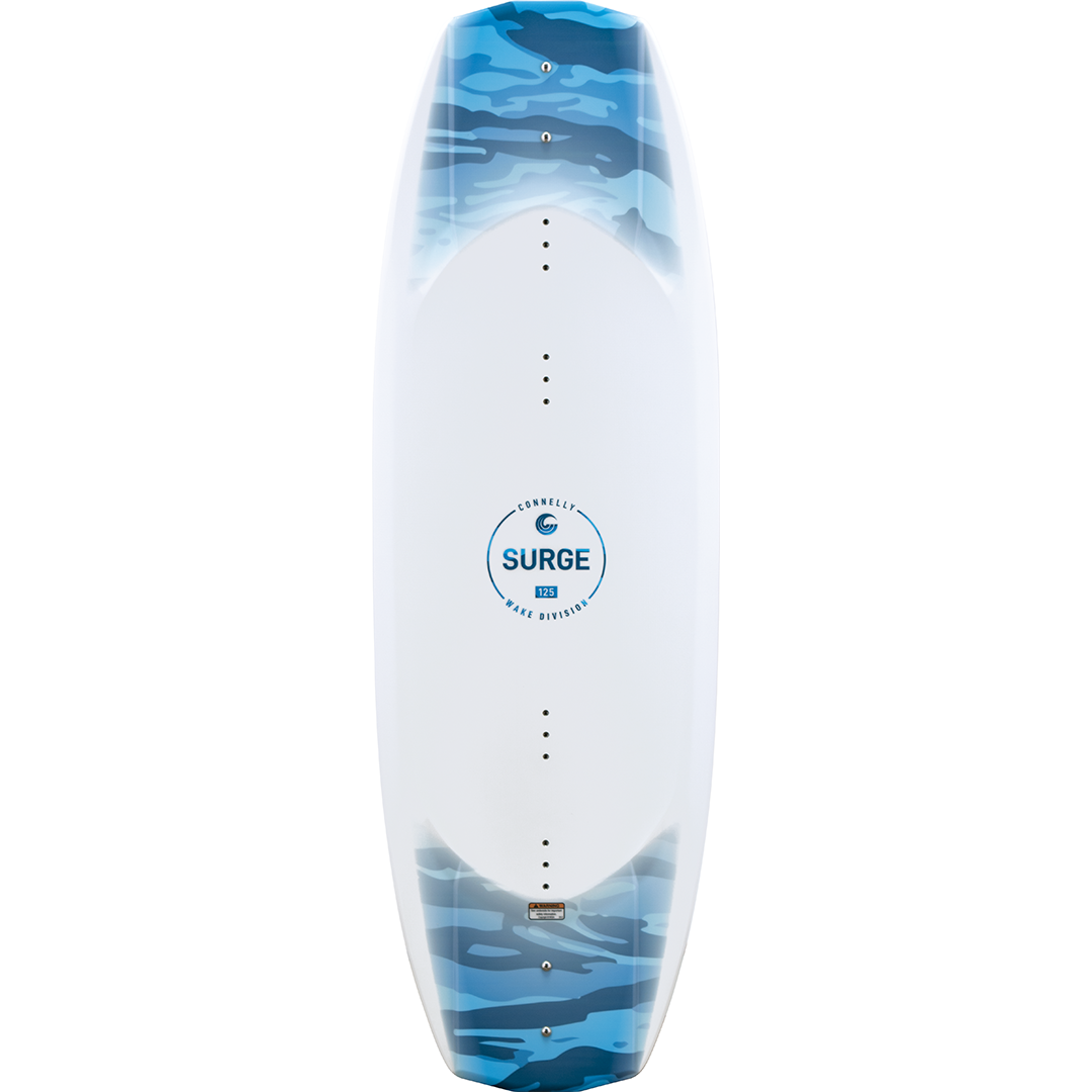 Top view of the Surge wakeboard featuring a white deck with blue camo at the tips and a centered Surge logo.