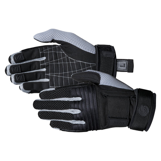 Pair of Men's Talon Gloves in black and gray, highlighting grip texture, reinforced fingers, and straps.