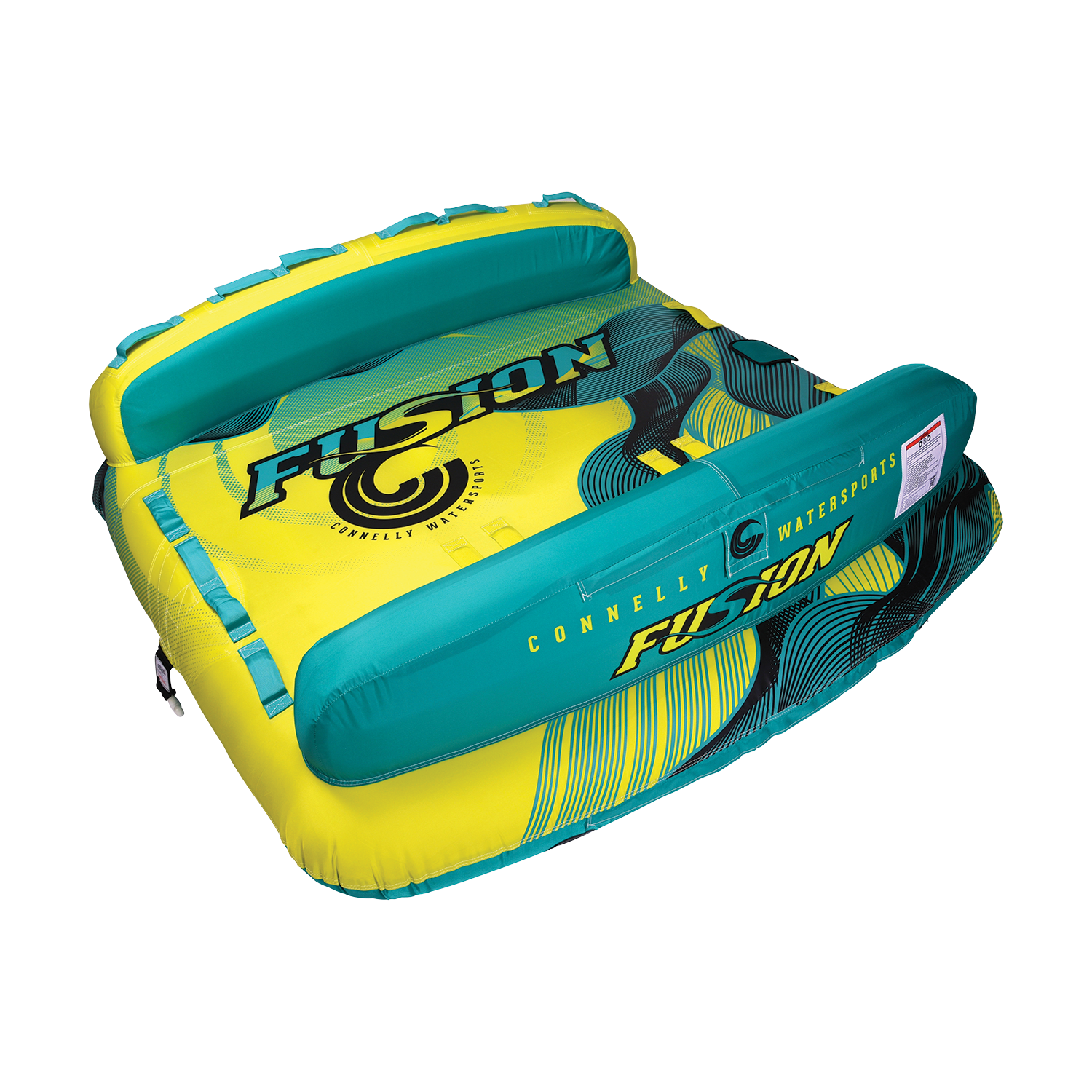 Angled rear view of the Fusion 3 towable tube with a yellow and teal design, dual backrests, and multiple grab handles.