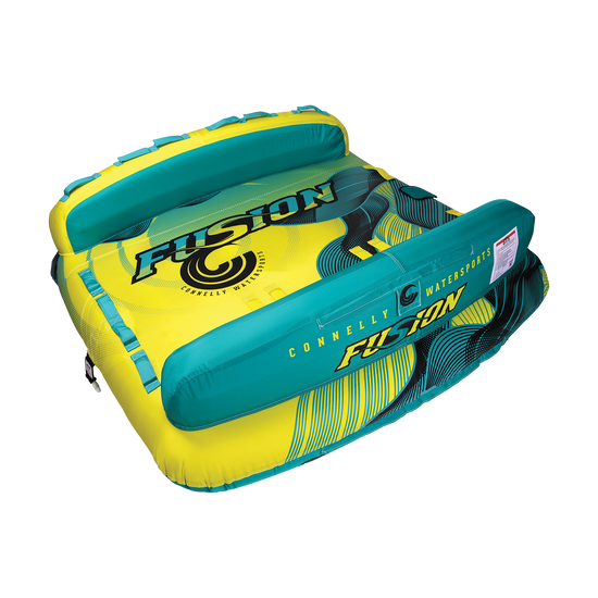 Angled rear view of the Fusion 3 towable tube with a yellow and teal design, dual backrests, and multiple grab handles.