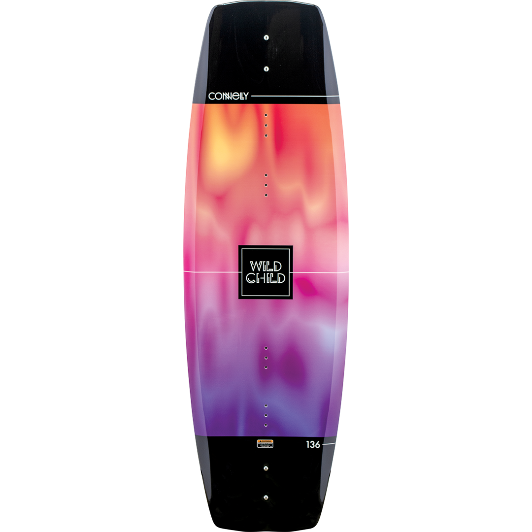 Top view of 2024 Wild Child wakeboard with pink, purple, and orange gradient, black tip and tail, and logo.