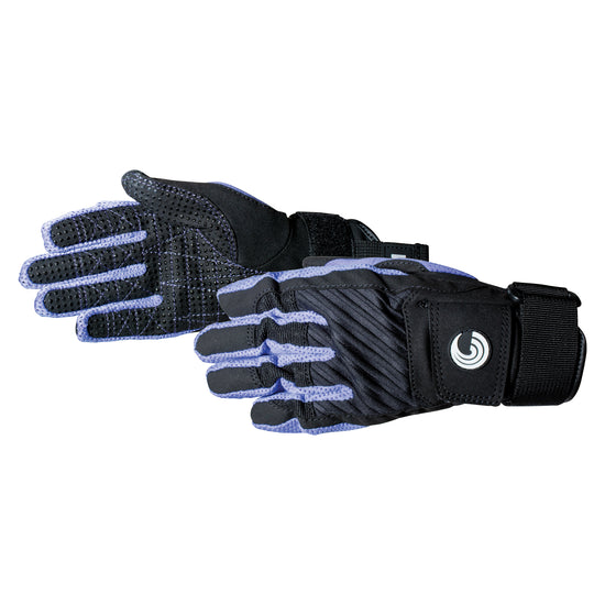 Pair of the Women's Tournament Glove, black and lavender watersports glove with grip-enhancing palm texture.