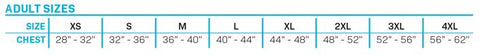 Adult size chart for the Retro Nylon life vest, displaying chest measurements from XS (28"-32") to 4XL (56"-62").