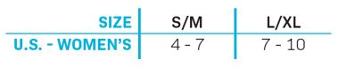 Women's wakeboard binding size chart showing U.S. sizes: S/M fits 4-7, and L/XL fits 7-10.