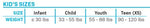 Children’s life vest size chart showing weight ranges for Infant, Child, Youth, and Teen (XS) categories.