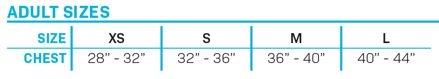 Adult size chart for the Lotus 2024 life vest, listing XS to L chest measurements in inches, ranging from 28" to 44".