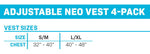 Size chart for Adjustable Neo Vest 4-Pack, listing chest measurements for S/M (32”-40”) and L/XL (40”-48”).