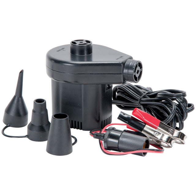 12V tube pump with multiple nozzle attachments, power cables, and battery clips for inflating water tubes and towables.